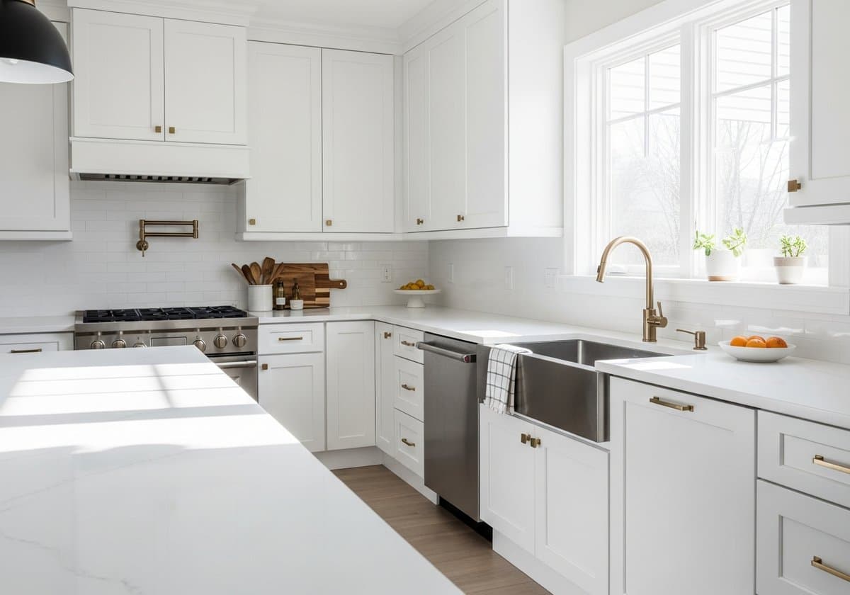 Kitchen cabinet refinishing — white shaker cabinets